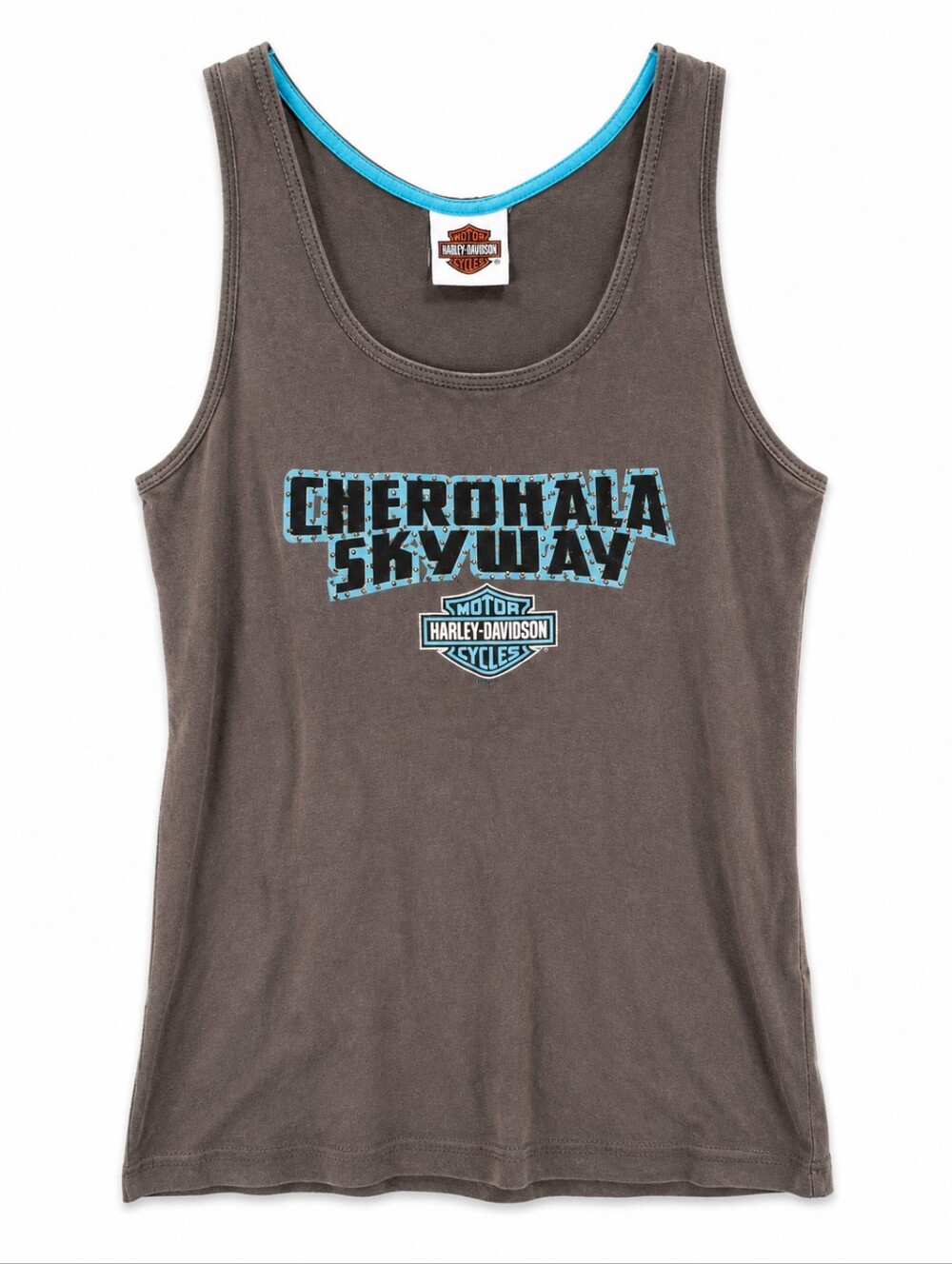 Harley-Davidson Gray Tank Top with Blue Trim and Cherohala Skyway Graphic
